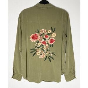 Hummingbird Women's Long Sleeve Button Down Shirt Floral Embroidered Distressed